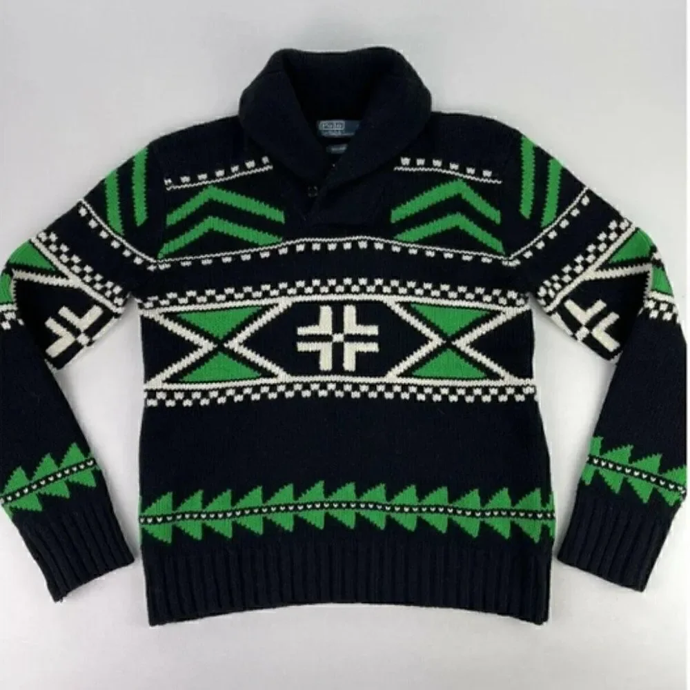 Polo Ralph Lauren Black & Green Multi Geometric Shawl Collar Sweater
